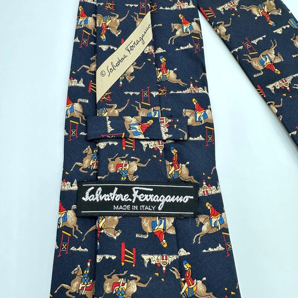 Salvatore Ferragamo Vintage Silk Tie Navy Equestrian Old Money Italy 3.5in